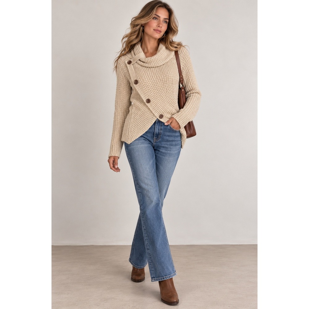 Coastal Fisherman Faux Wrap Knit Sweater Womens M Tan Quiet Luxury Cowl Neck